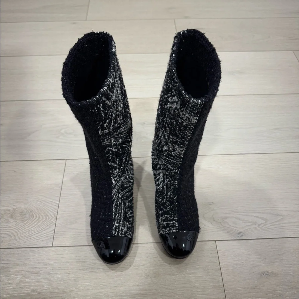 CHANEL Two Tone Tweed Boots 37.5